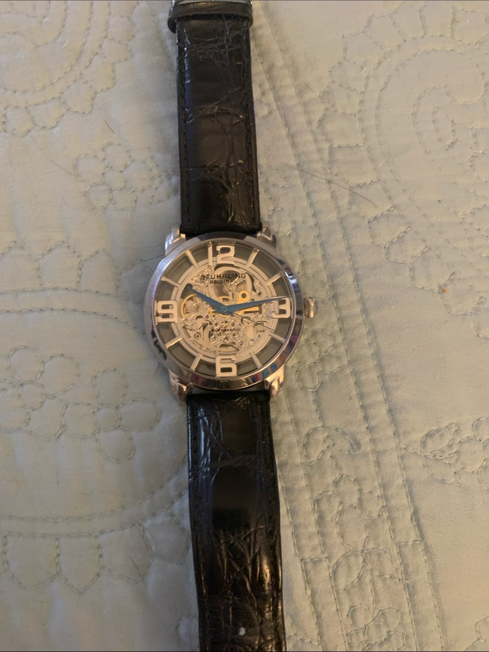Men’s Black Leather Skeleton Watch